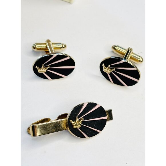 Vintage Gold & Enamel Crown Cufflinks & Tie Clip Set Black & Pink Design Mens Fo - Picture 3 of 6